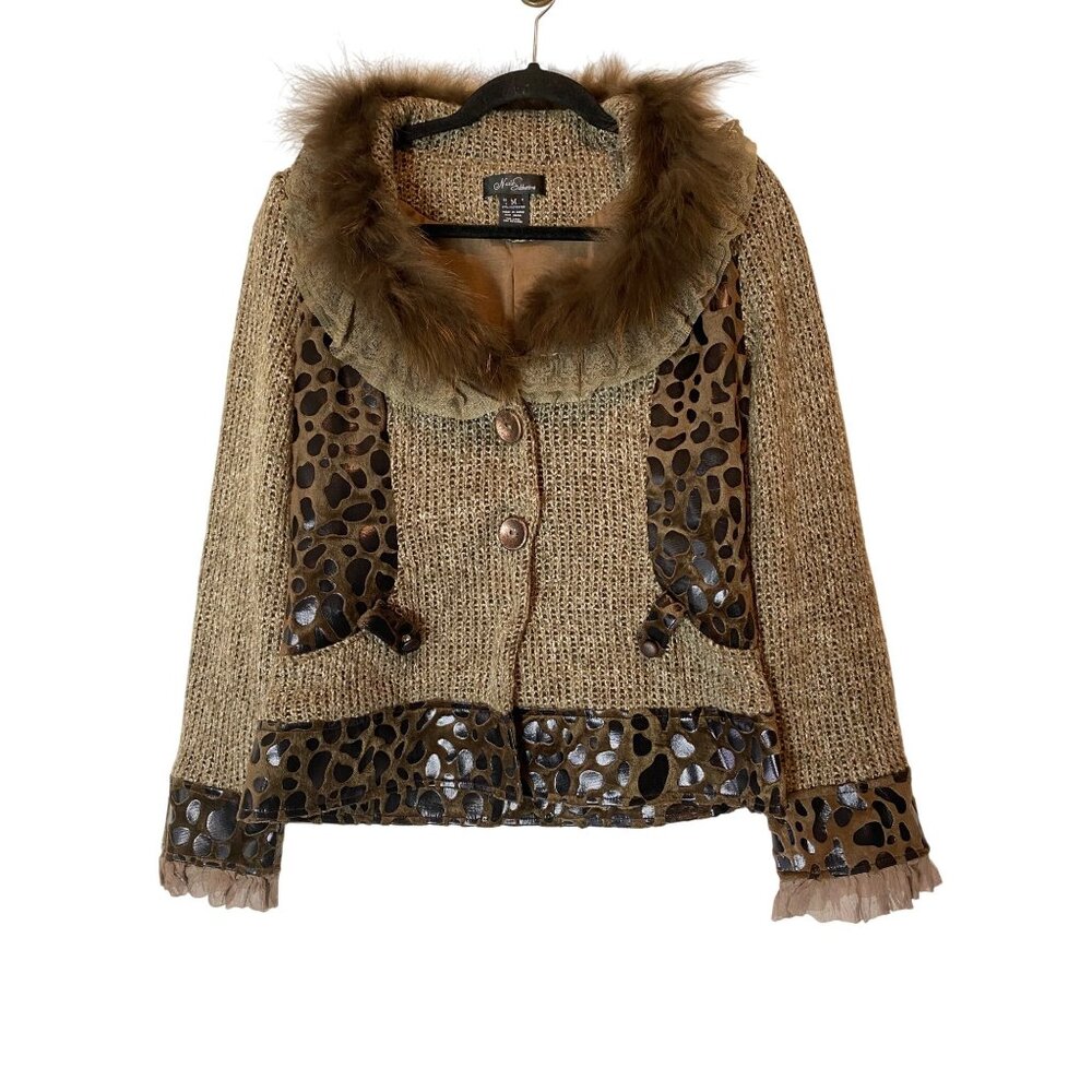 Nicole Sabbattini Button Knit Cardigan Jacket Faux Fur Collar Leopard Accent Med